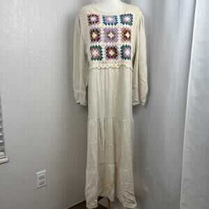 Crochet Patchwork Maxi Dress Womens Large Boho Granny Square Cottagecore Prairie